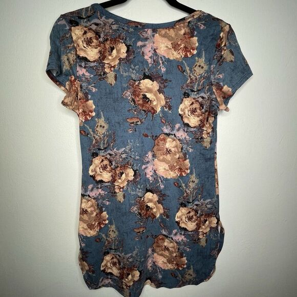 Pinc‎ TeeTunic Women's L Stretch Velour Boho Short Sleeve Y2K FloralBlueRose - Picture 2 of 11